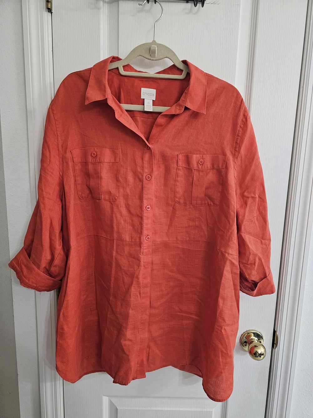 Chicos Size 4 Coral Button-Front Tunic Shirt 100% Linen